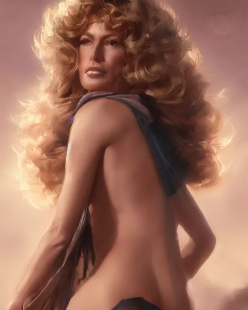 Image similar to photo of farra fawcett, film still, dslr, by greg rutkowski, enoch bolles, ross tran, artgerm, wlop glossy skin, intricate detail, art deco, pearlescent, very coherent, alluring