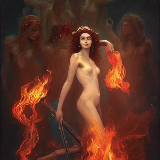 Prompt: a masterpiece full body portrait a beautiful Persephone, queen of the underworld in Hades, beautiful face, flawless skin, flames and smoke in background, by Edgar Maxence and Ross Tran and Michael Whelan
