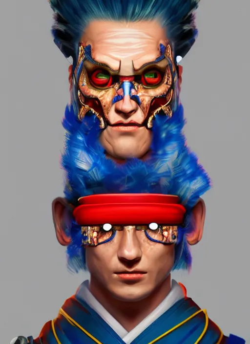 Prompt: a portrait of Franky the cyborg as a real man, wearing a traditional kimono dress, blue elvis hair, handsome chad chin, glowing red laser left-eye, intricate, highly detailed, digital painting, artstation, concept art, smooth, sharp focus, illustration, art by Gustave Baumann, matte painting