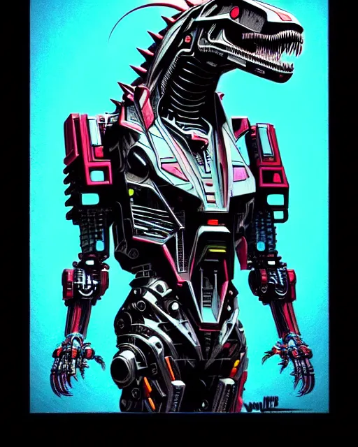 Image similar to a cyberpunk mech cyborg t - rex dinosaur, transformer, high details, symmetry, bold line art, by vincent di fate and joe fenton, inking, etching, screen print, masterpiece, trending on artstation, sharp, high contrast, hyper - detailed,, hd, 4 k, 8 k