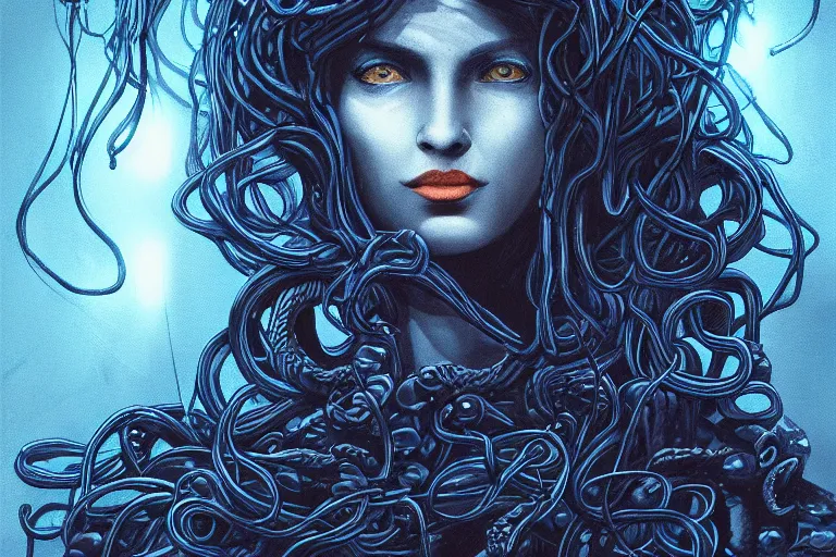 Prompt: dark portrait of medusa, deep blue, wires instead of snakes, high detail concept art, dark fantasy, backlight, atmospheric, trending on artstation