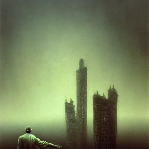 Prompt: arm reaching out of thick fog, tall buildings in background, intricate, zdzislaw beksinski