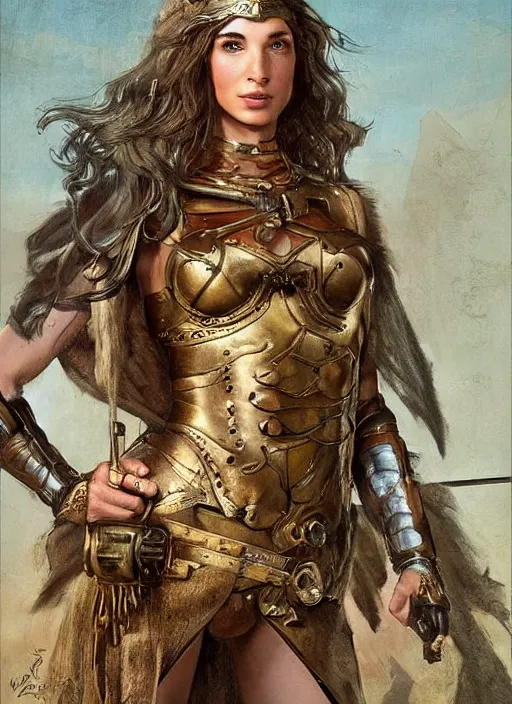 Image similar to highly detailed steampunk gal gadot as a blond standing, iron age : leonardo da vinci, greg rutkowski, magali villeneuve