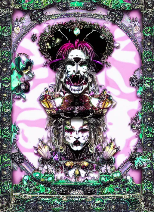 Prompt: baroque bedazzled gothic royalty frames surrounding a pixelsort emo demonic horrorcore Japanese maximalist decora Mad Hatter, sharpened early computer graphics, remastered chromatic aberration