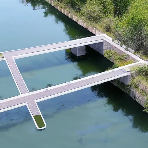 Prompt: ” futuristic pontoon bridge surrounded by water, by simon stalhagen ”