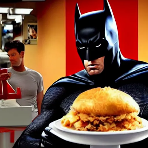 Image similar to Hyper-realistic photo of Ben Affleck's Batman eating at KFC. Extremely detailed. Beautiful. 4K. Award-winning