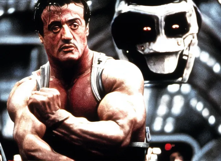 Prompt: sylvester stallone in a still from the movie Total Recall (1990)