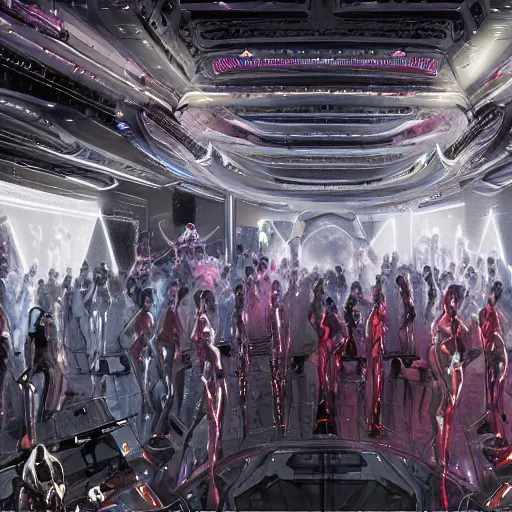 Prompt: ultra realist soft painting render of the inside of a futuristic nightclub, beautiful cyberwear armored cyborg dancers, crowded silhouettes, symmetry accurate features, very intricate details, black white red purple color palette, masterpiece award winning, cinematic lighting, focus, tom bagshaw artstyle