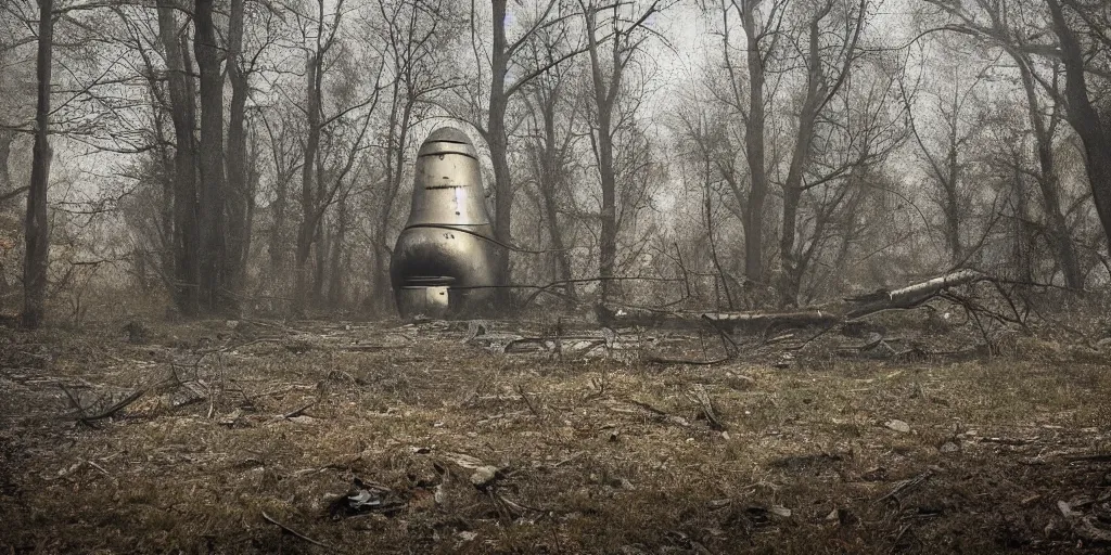 Image similar to abandoned soviet nuclear bomb in the woods, around everlasting darkness, atmospheric, wide shot, high definition, high detail, foreboding, artstation, foggy