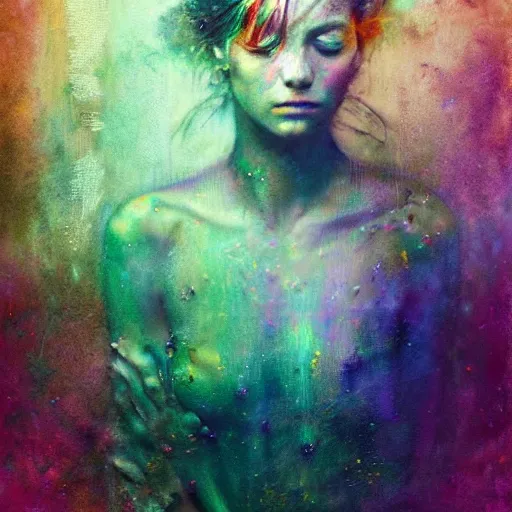 Image similar to resonant frequency by cy Twombly and BASTIEN LECOUFFE DEHARME, colorful, iridescent, volumetric lighting, abstract