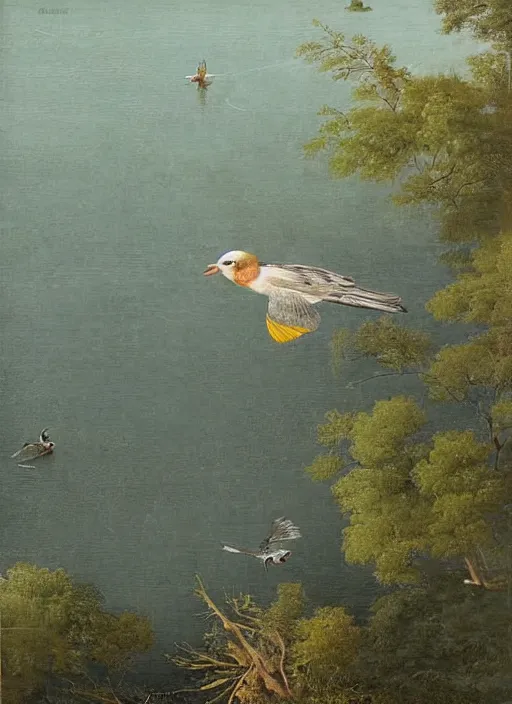 Prompt: bird swimming on its back, view from above, river, peaceful, riversides, style of elvgren gil and arkley howard