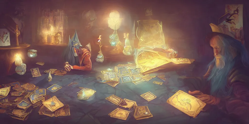 Image similar to wizard shuffling cards, cards, fantasy, digital art, soft lighting, magic, concept art, 8 k