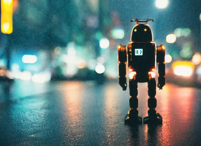 Image similar to a 2 8 mm macro kodachrome photo of a tall huge metallic cyborg droid with glowing lights, walking alone on a rainy night in the city in the 1 9 5 0's, seen from a distance, bokeh, canon 5 0 mm, cinematic lighting, film, photography, golden hour, depth of field, award - winning, neon, cyberpunk