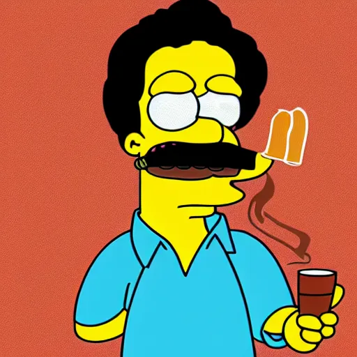 Prompt: cup of coffee with eyes nose and mouth smoking cigar simpsons style