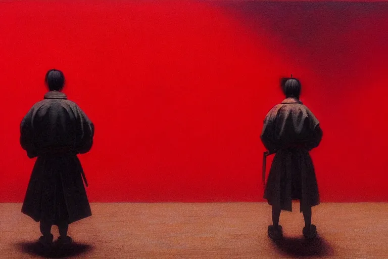 Image similar to only with red, a red samurai harakiri, tokio, a lot of frogs watch, in the style of beksinski, parts by edward hopper, parts by rodcenko, parts by yue minjun, intricate and epic composition, red by caravaggio, insanely quality, highly detailed, masterpiece, red light, artstation, 4 k