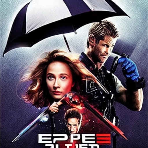 Prompt: epic movie poster aliens vomiting on chris hemsworth while he looks really annoyed and holding an umbrella