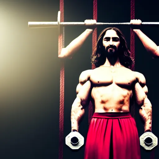 Image similar to Jesus lifting weights in gym, photorealistic, 4K