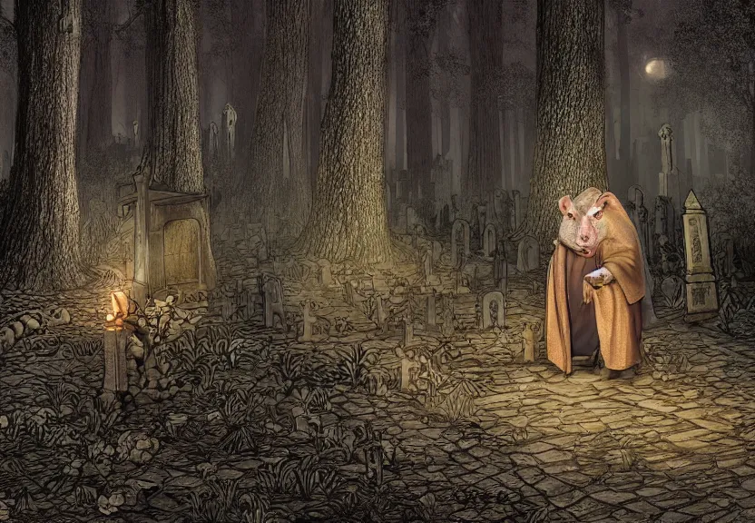 Image similar to big possum dressed like a monk at a scary medieval cemetery in the middle of the forest at night, highly detailed, photorealistic, isometric, digital art