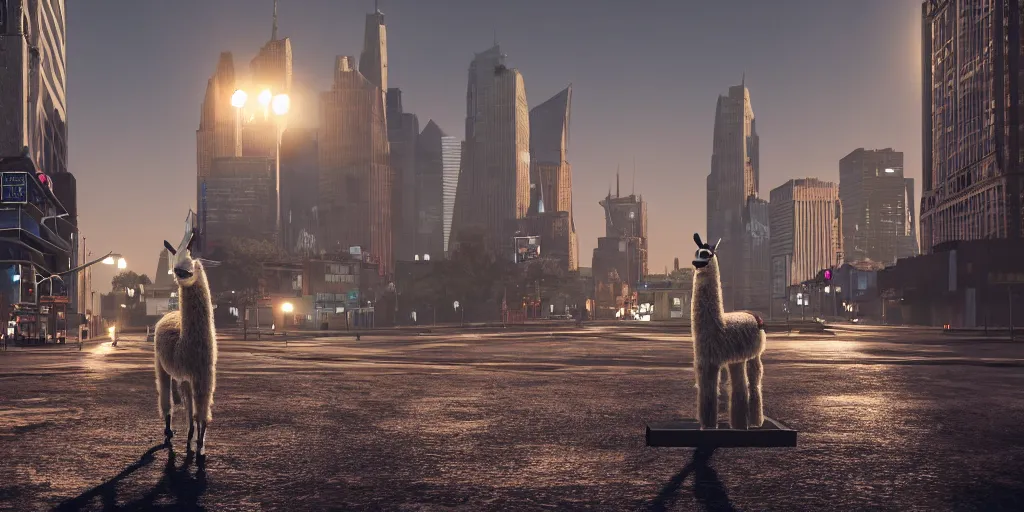 Image similar to a llama walking through a desolate city street at night, statue of liberty seen in the background, realistic 4 k octane beautifully detailed render, 4 k post - processing, highly detailed, intricate complexity, epic composition, magical atmosphere, cinematic lighting, masterpiece, ultra hd