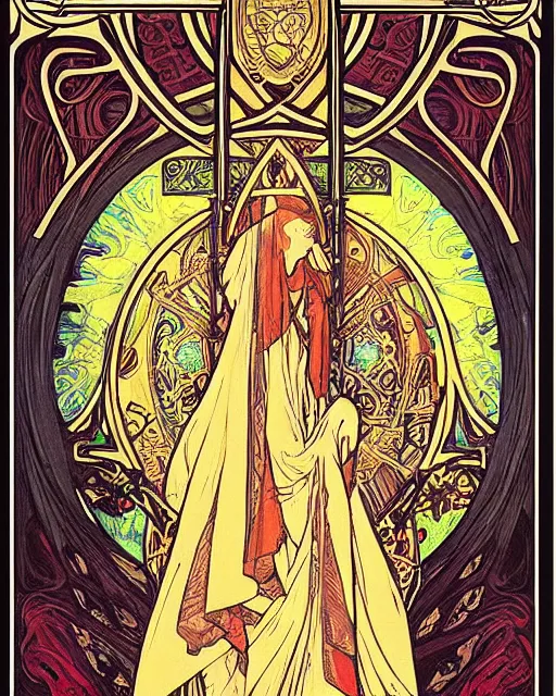 Prompt: “ the high priestess tarot card decorative poster by alfonse mucha, highly detailed, trending on artstation ”