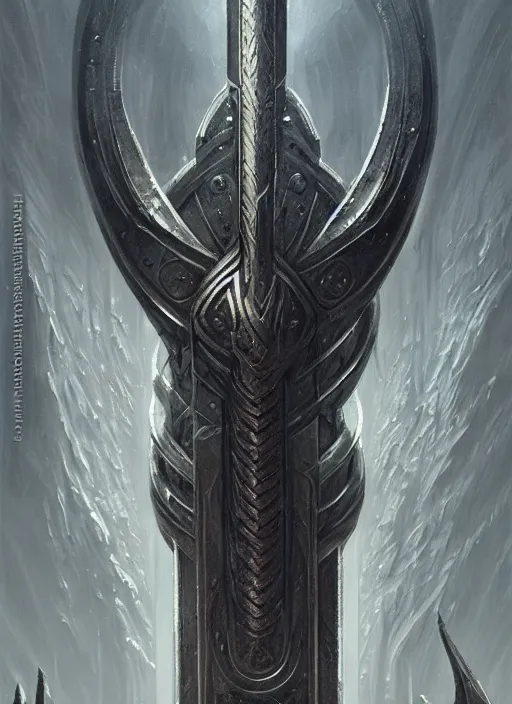 Image similar to masterpiece, viking thor's hammer concept art, stylized, doom, elegant, majestic, epic, art by h. r. giger, greg rutkowski, josan gonzalez, alexey egorov, biomechanical, alchemy, monogram