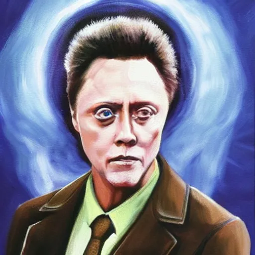 Image similar to Christopher Walken painted like a Saint with halo behind head, angels flying aound.