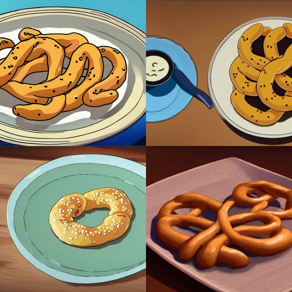 Prompt: a beautiful screenshot of a pretzel on a plate, from a Hayao Miyazaki anime,