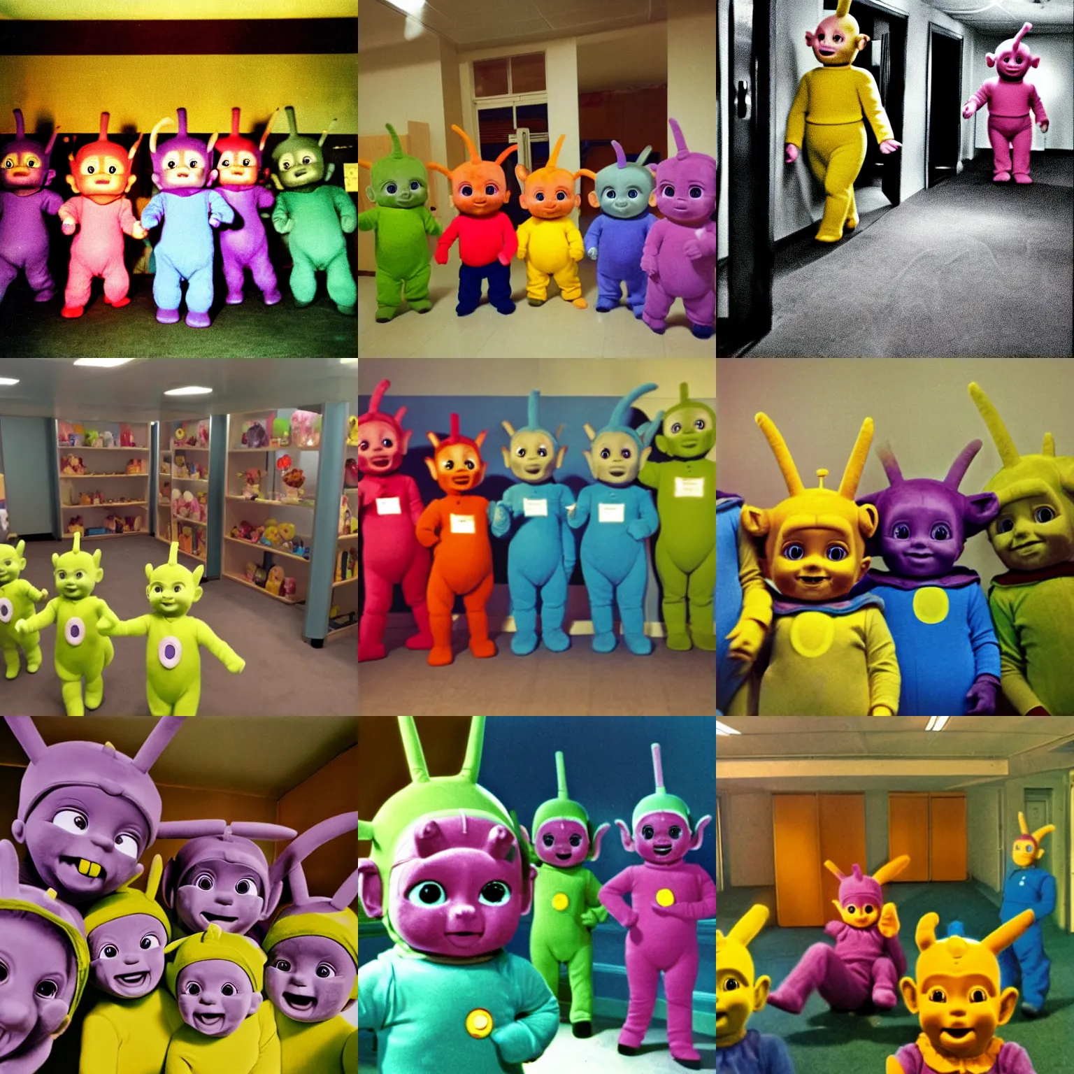 Prompt: eery uncanny teletubbies in the backrooms