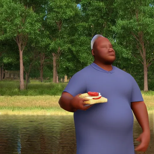 Image similar to a slightly overweight male pastor, walking by a pond, eating a sandwich, 3d render, cinematic shot, hyper realistic