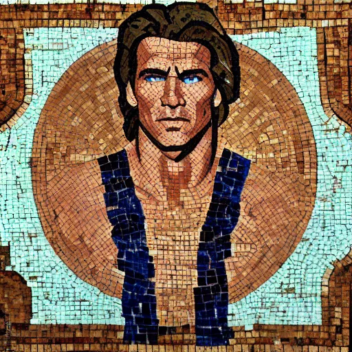 Image similar to ancient greek mosaic of arnold schwarzenegger in zelda movie