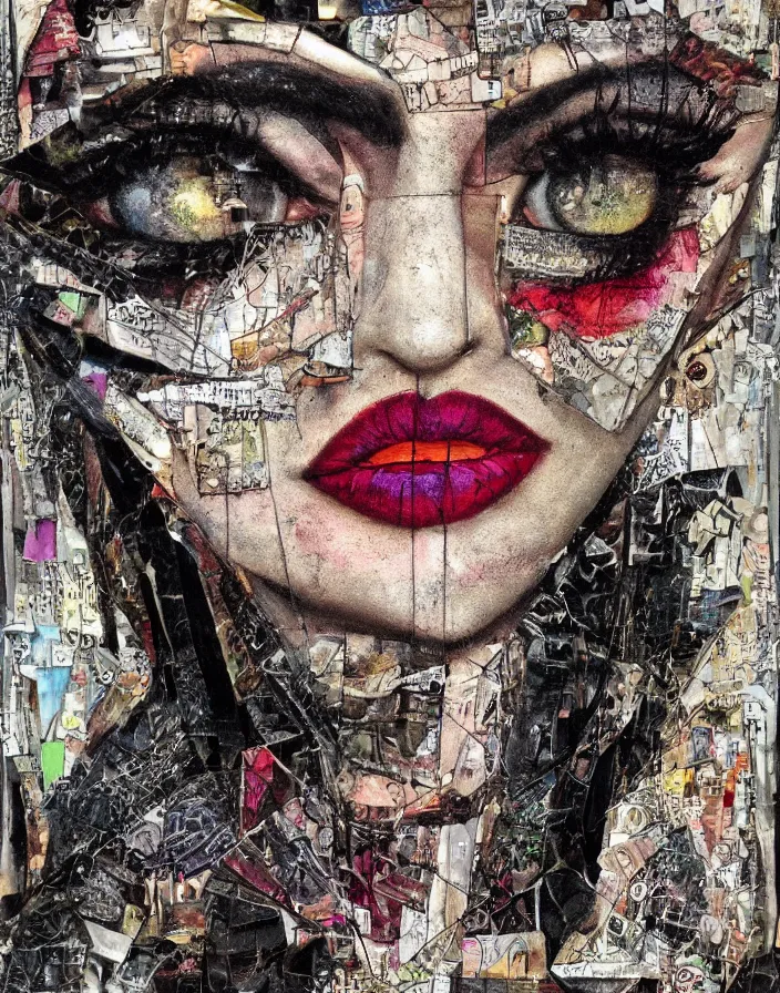 Prompt: witchy eyes and sophisticated lips looking at me embraced detailed chaotic mixed media collage with relief texture in style of conteporary art, punk art, dadaism, photorealistic, expressionism, masterpiece, balanced composition, wide range of colors, spectacular quality, intricate oil details