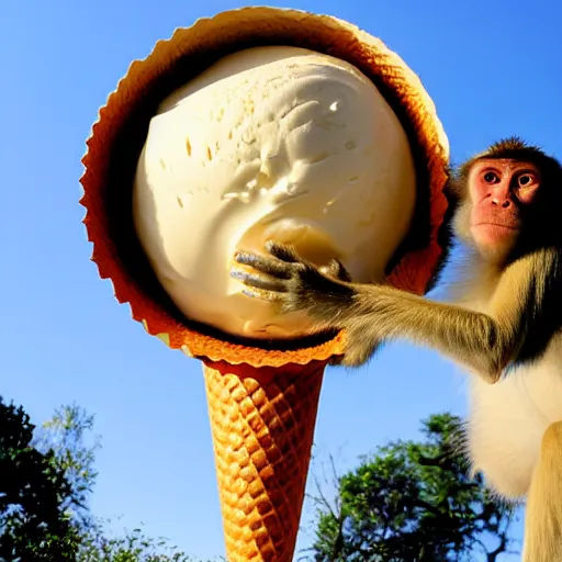 Image similar to a dslr 3 5 mm f 2 photograph of two monkeys worshiping a giant ice cream cone sent by aliens.