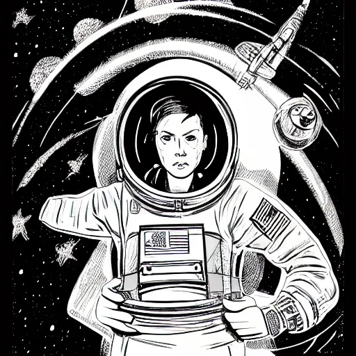 Image similar to illustration of butch tomboy stoic emotionless square - jawed heroic blonde woman astronaut, space helmet, piloting tiny spacecraft through wormhole, pen and ink, ron cobb, mike mignogna, comic book, black and white, science fiction, punk, grunge, used future, illustration, comic book cover, - ar 1 6 : 9