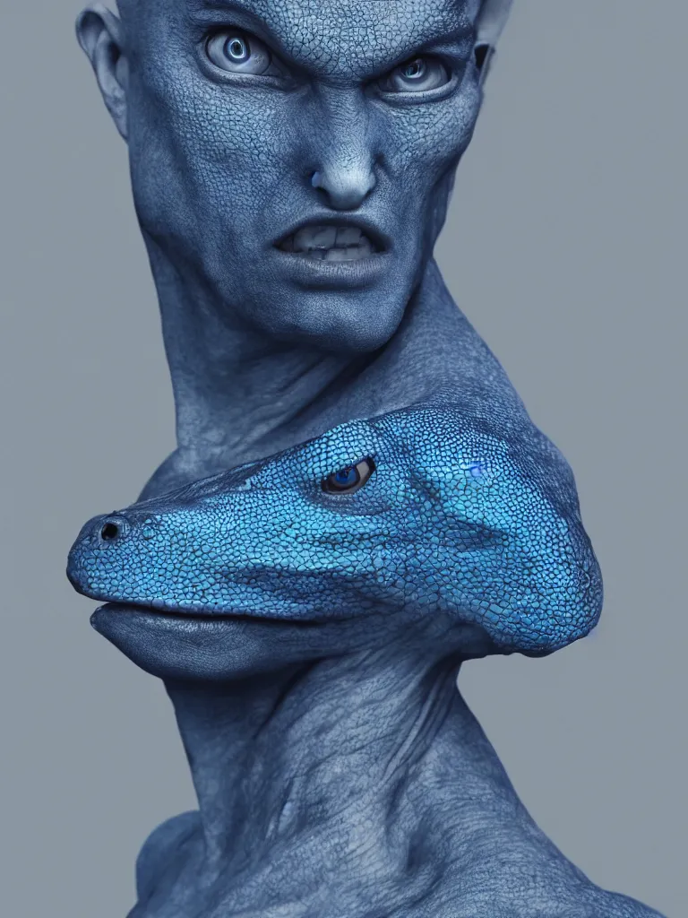 Image similar to man with blue lezard skin, photography portrait, cinematic, high quality, cgsociety, artgerm, 4 k, uhd, 5 0 mm, trending on artstation