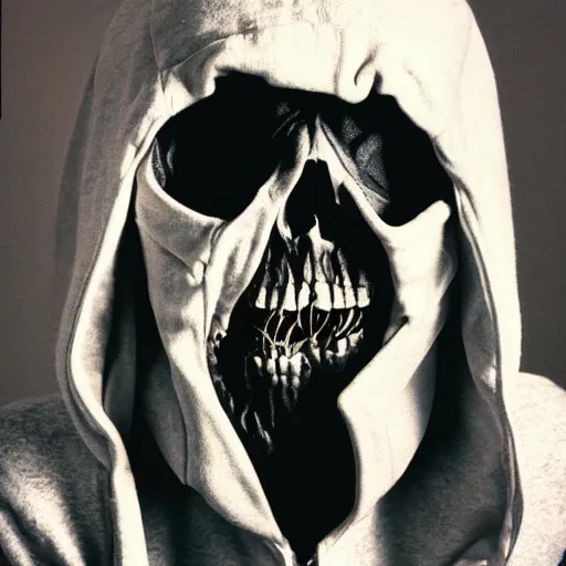 Image similar to close-up shot of a skull wearing hoodie in 80s, funny, Polaroid photo, by Warhol