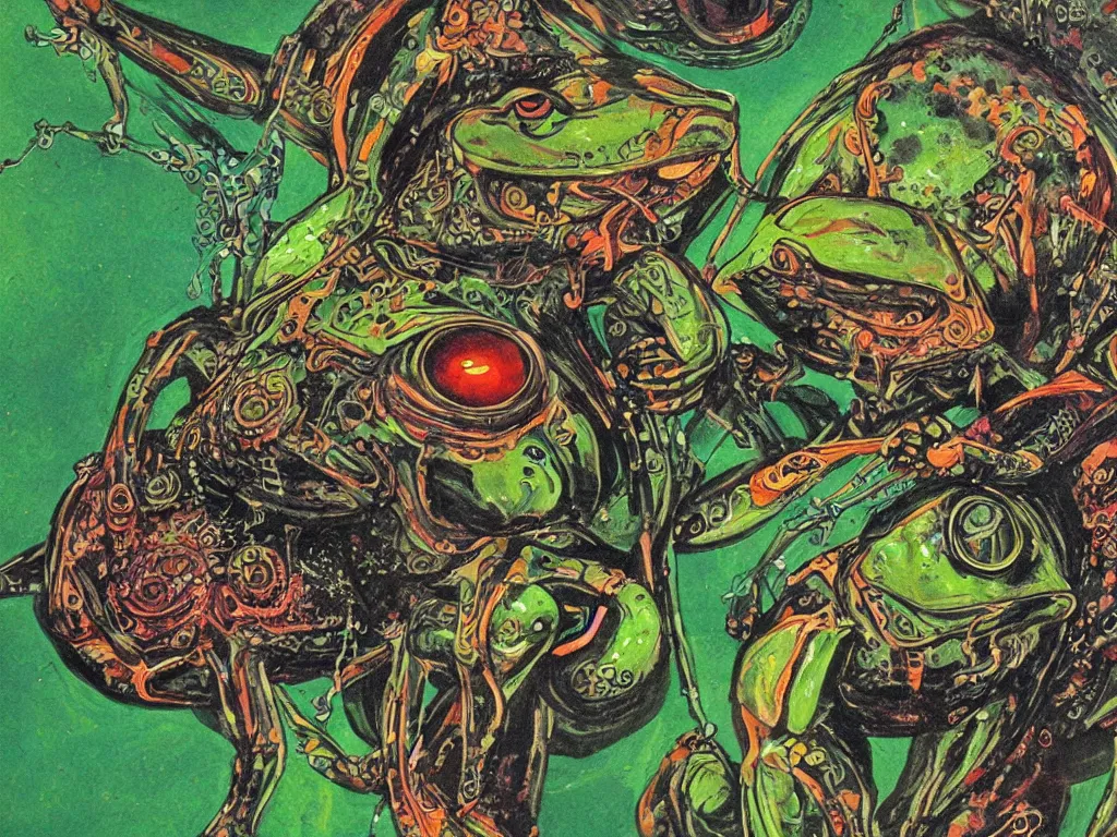 Prompt: a cyborg frog leaps out of an ayahuasca painting