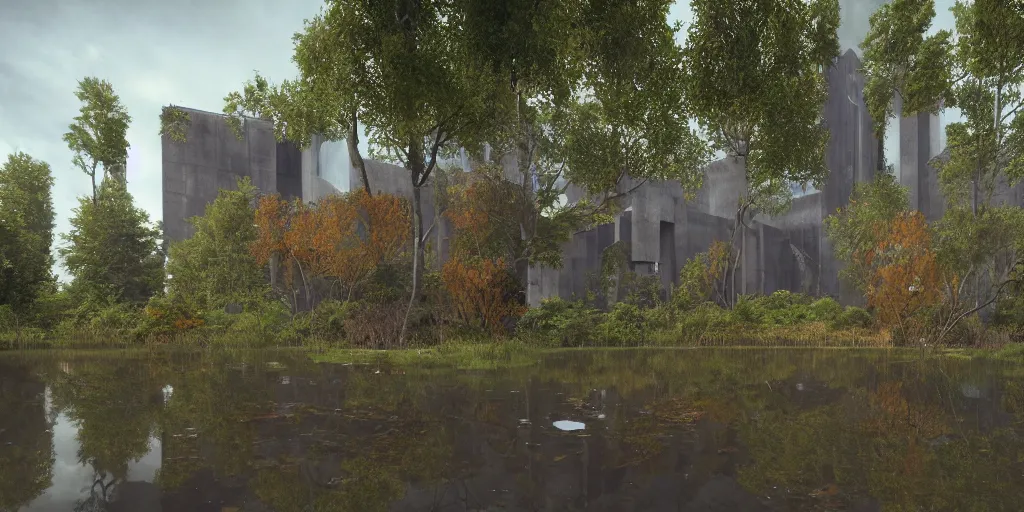 Prompt: an extremely detailed cathedral of brutalist architecture, surrounded by lush green forest, accurate reflections in murky ponds of water, stunning volumetric lighting, sunset, rusted steel, smooth concrete, stunning skies, trending on Artstation, 8k, photorealistic, hyper detailed, unreal engine 5, IMAX quality, cinematic, epic lighting, in the style of Doom and Greg Rutkowski