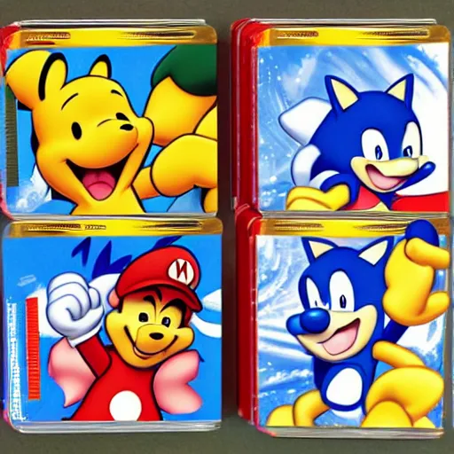 Image similar to photograph of winnie the pooh and super mario and sonic the hedgehog anime style, on pokemon card packs at target