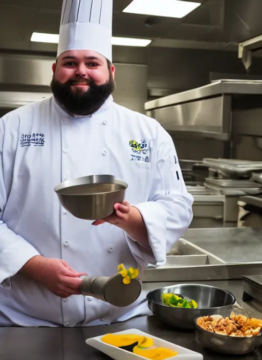 Prompt: portrait photo still of real life school chef jerome mcelroy fat bearded with chef hat in school cafeteria holding a ladel, 8 k, 8 5 mm, f. 1 4