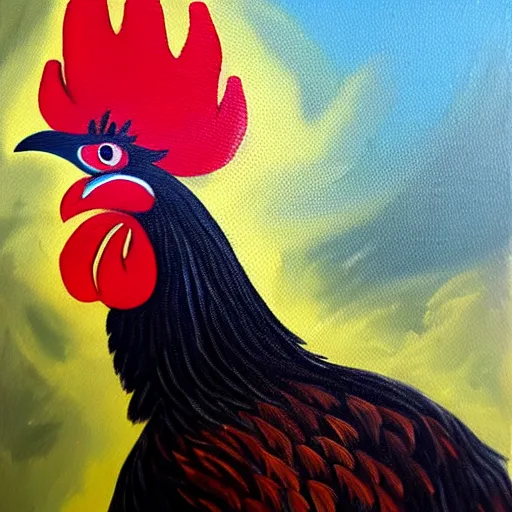 Image similar to oil painting of a rooster riding a motorcycle