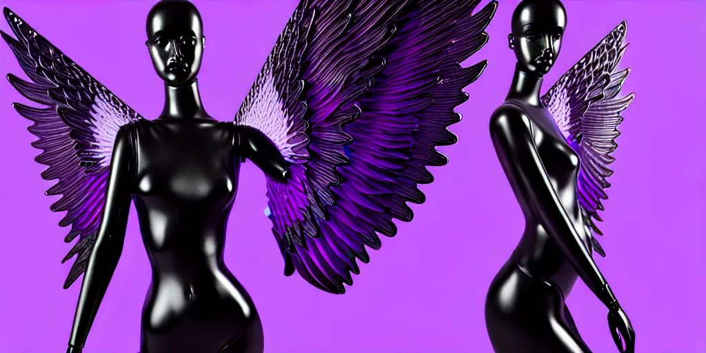 Image similar to a beautiful purple and black 3 d geometrically printed mannequin with angel wings!! in the style of james jean, chrome roses!!!! dripping black iridescent liquid, winged victory, moody, dramatic, introspective, 4 k, trending on artstation, photorealistic, volumetric lighting, octane render, tarot card with ornate border frame h - 1 0 2 4