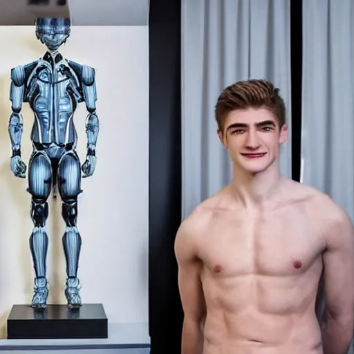 Prompt: a realistic detailed photo of a guy who is an attractive humanoid who is half robot and half humanoid, who is a male android, twitch streamer ninja tyler blevins, shiny skin, posing like a statue, blank stare, in a living room, on display, showing off his muscles