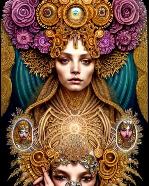 Image similar to hyperrealistic detailed portrait of a beautiful goddess in an intricate golden ornamental ritual headdress, intricate cyberpunk make - up, golden face tattoos, insane details, art by ernst haeckel, nekro borja, android jones, alphonso mucha, john william godward, gothic - cyberpunk, beautiful deep colours,