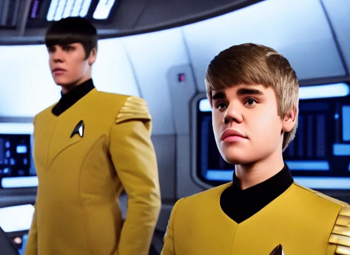 Image similar to Justin Bieber plays as captain in Star Trek Discovery, engine room and warp core in the background, 35mm photography, highly detailed, cinematic lighting, 4k