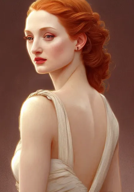 Image similar to sansa angeline jolie gessica chastain, intricate, elegant, highly detailed, digital painting, artstation, concept art, smooth, sharp focus, illustration, art by artgerm and greg rutkowski and alphonse mucha and william - adolphe bouguereau