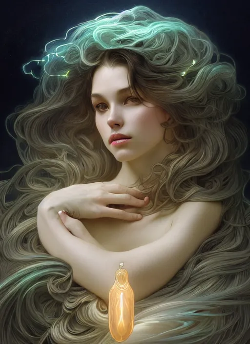 Image similar to a dreamy moody photographic portrait of a anthropomorphic bioluminescent oil wave, fantasy, intricate, elegant, highly detailed, digital painting, artstation, concept art, smooth, sharp focus, illustration, art by artgerm and h r giger and alphonse mucha
