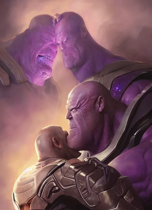 Prompt: thanos kissing dean norris, elegant, digital painting, concept art, smooth, sharp focus, illustration, from starcraft by ruan jia and mandy jurgens and artgerm and william - adolphe bouguerea