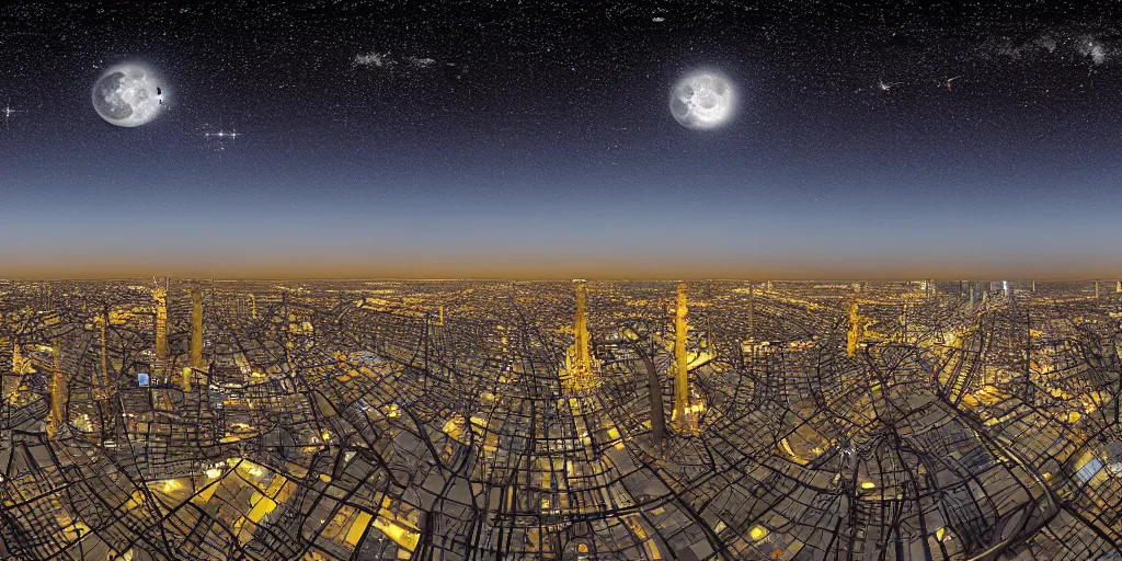 Image similar to a big industrial city metropoli in the distance, cloudy dark sky, it's late at night the moon and the milky way shine, equirectaln, equirectangular