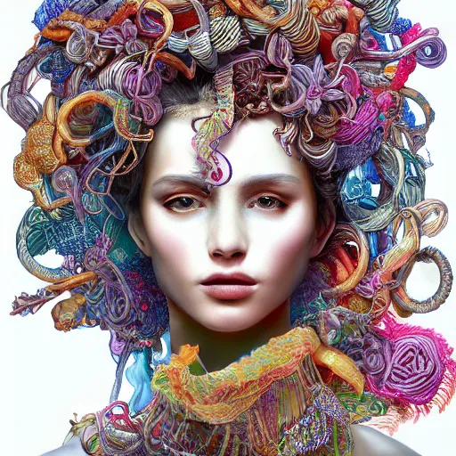 Image similar to the portrait of a ridiculously beautiful and elegant woman partially made of onion rings of all colors, an ultrafine detailed illustration by james jean, final fantasy, intricate linework, bright colors, behance contest winner, vanitas, angular, altermodern, unreal engine 5 highly rendered, global illumination, radiant light, detailed and intricate environment