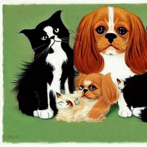 Image similar to one Cavalier King Charles Spaniel and two ragdoll kittens and one black cat drinking beer in the style of norman rockwell